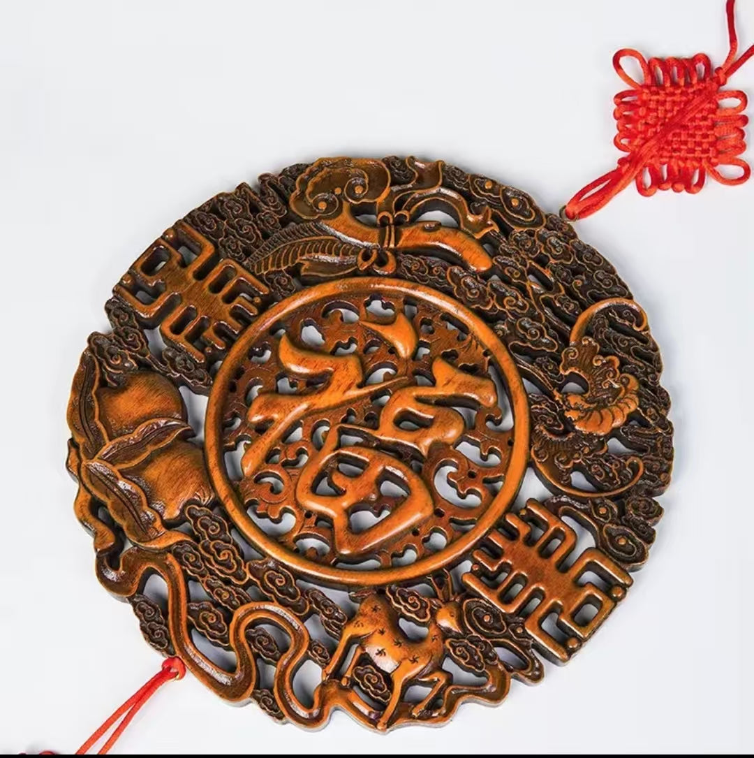 福禄寿禧平安福 香樟木实木雕刻挂件