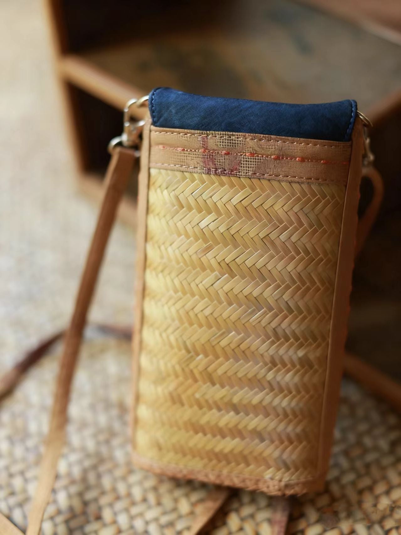 Handmade Bamboo Woven Satin Phone Crossbody