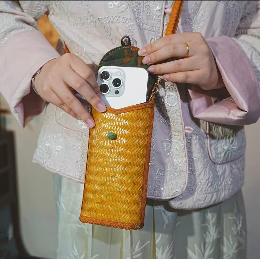 Handmade Bamboo Woven Satin Phone Crossbody