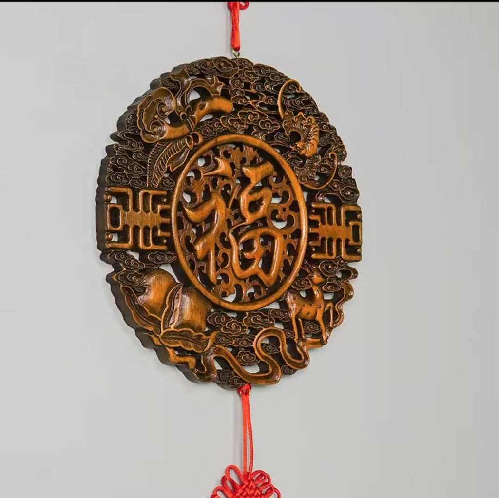 福禄寿禧平安福 香樟木实木雕刻挂件