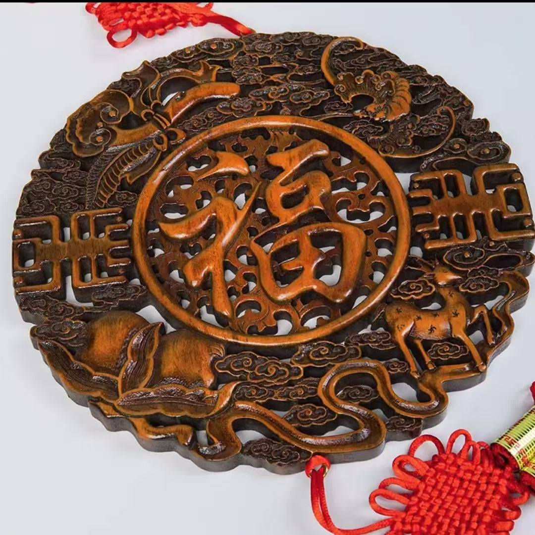 福禄寿禧平安福 香樟木实木雕刻挂件