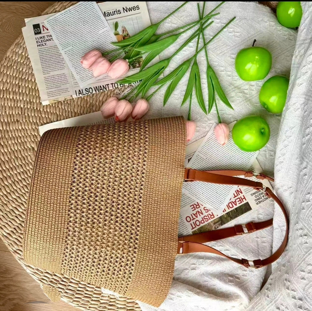 时尚手提式休闲肩包编织包包沙滩包托特包纯手工编织纸草包水桶包百搭