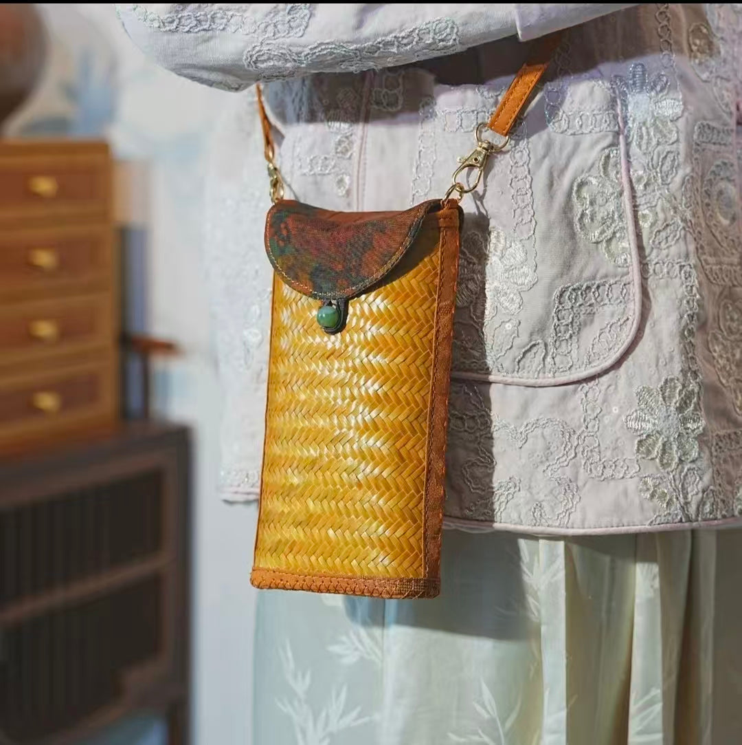 Handmade Bamboo Woven Satin Phone Crossbody
