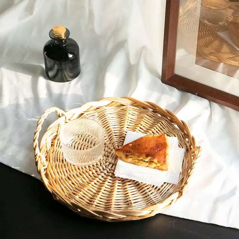 手工家用藤编水果篮圆形食物烘培面包托盘零食筐果盘下午茶点心篮