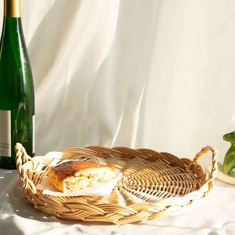 手工家用藤编水果篮圆形食物烘培面包托盘零食筐果盘下午茶点心篮