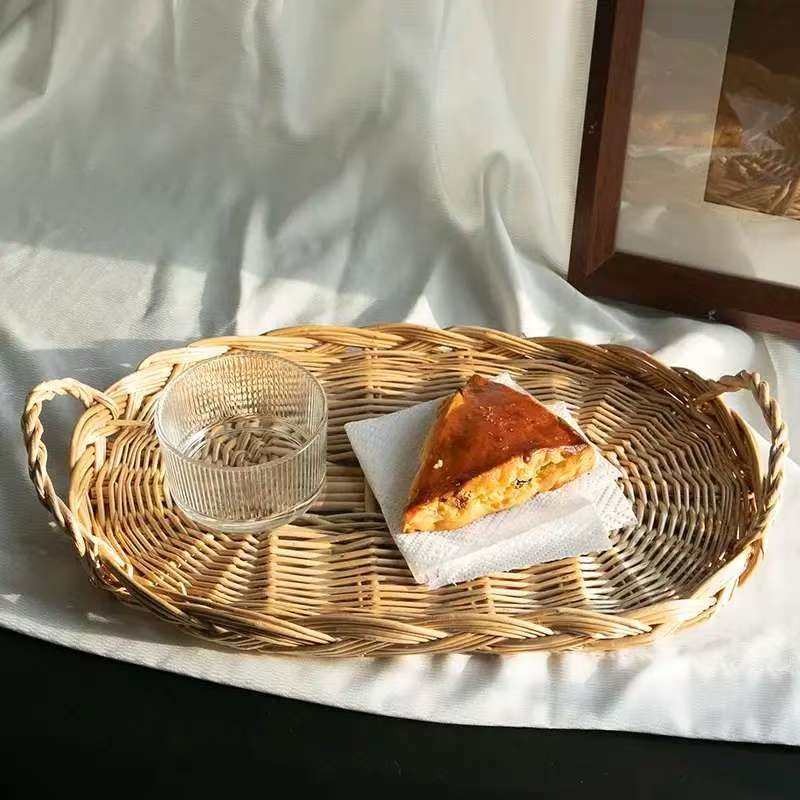 手工家用藤编水果篮圆形食物烘培面包托盘零食筐果盘下午茶点心篮