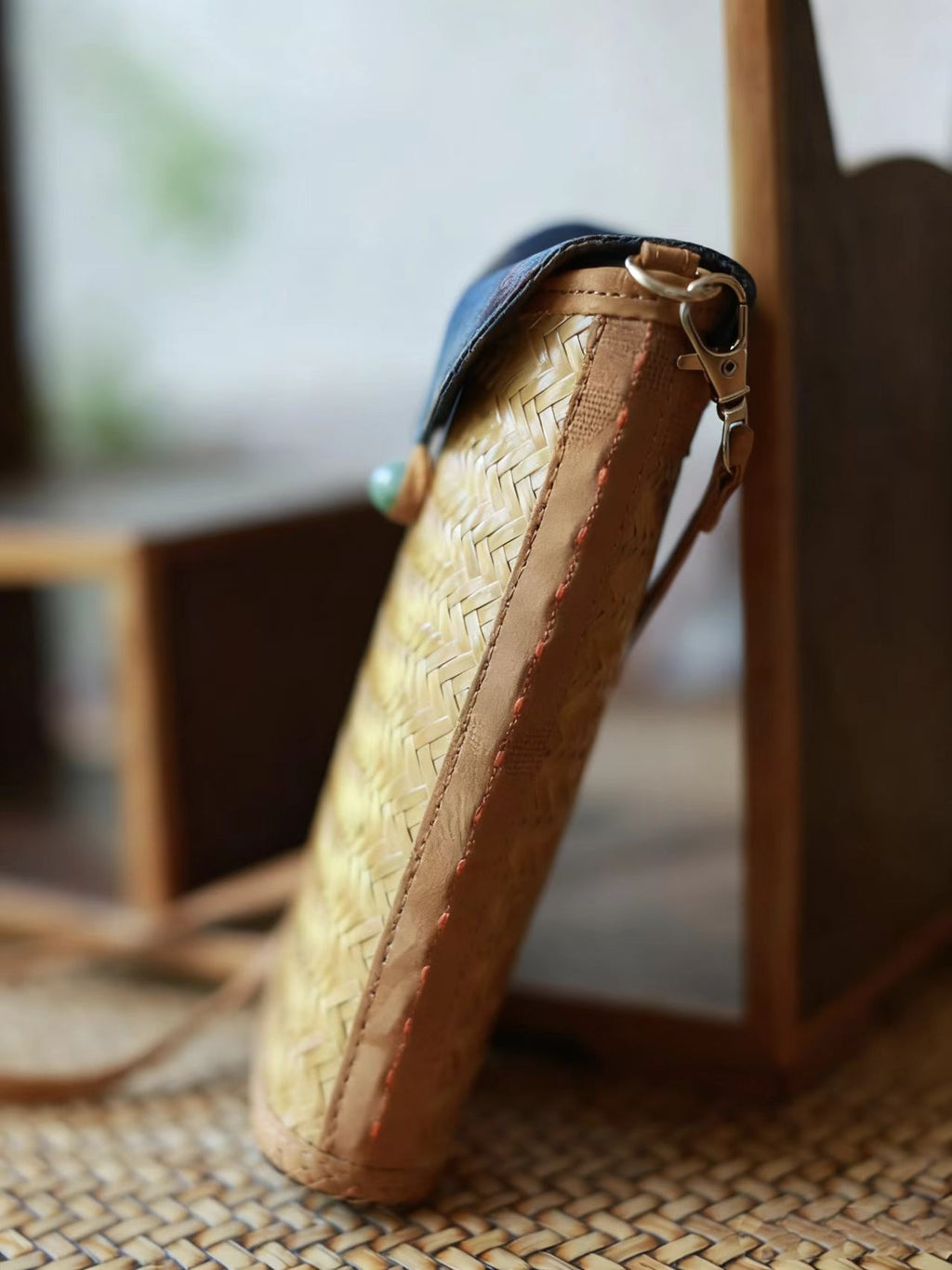 Handmade Bamboo Woven Satin Phone Crossbody