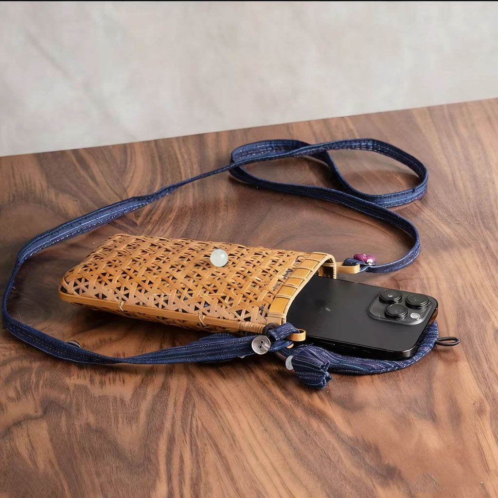 Handmade Bamboo Woven Satin Phone Crossbody