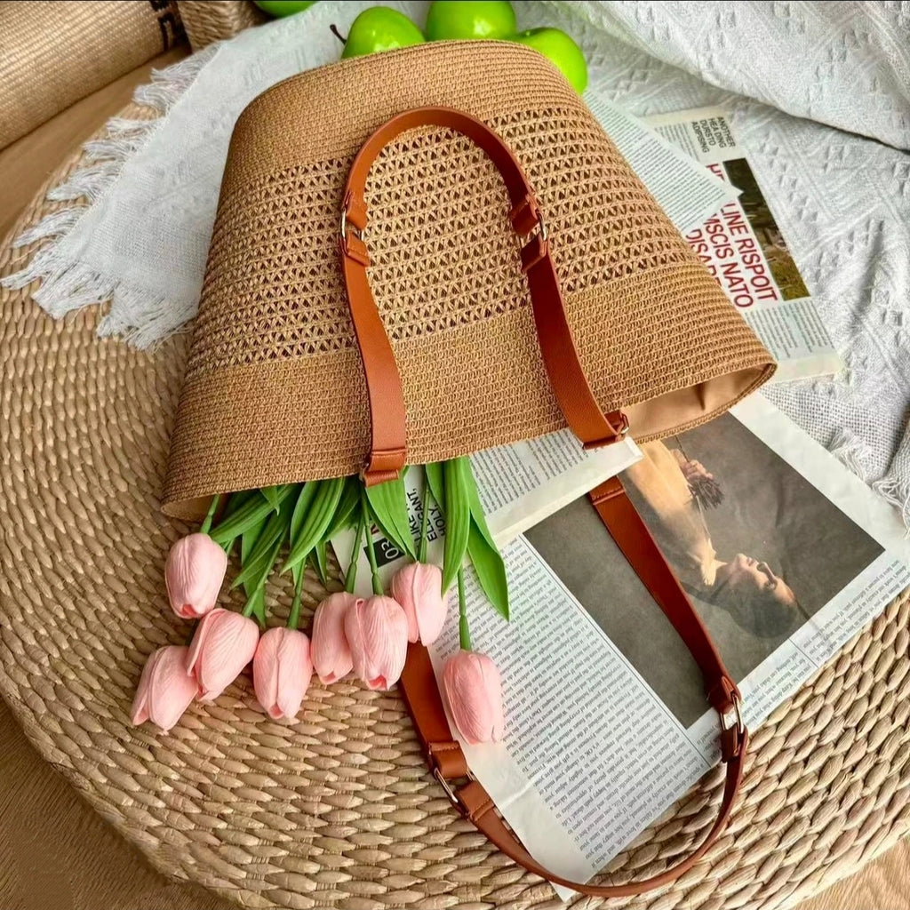 时尚手提式休闲肩包编织包包沙滩包托特包纯手工编织纸草包水桶包百搭