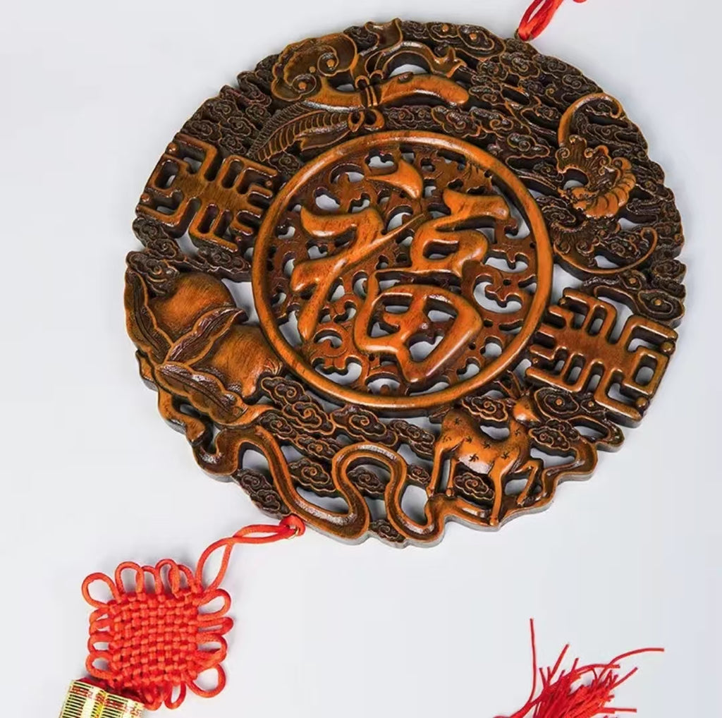 福禄寿禧平安福 香樟木实木雕刻挂件