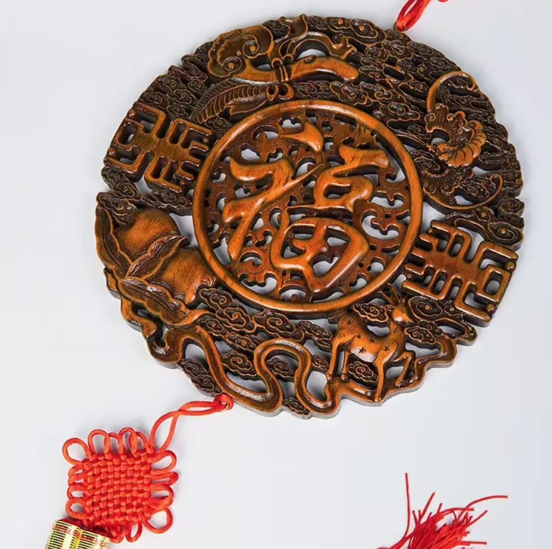 福禄寿禧平安福 香樟木实木雕刻挂件